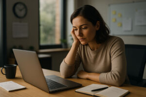 Person am Schreibtisch mit erschöpftem Blick auf den Laptop – symbolisiert mentale Gesundheit im Arbeitsalltag und den Einfluss von ständigen Meetings.