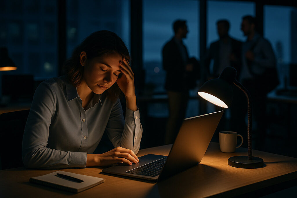 Eine Frau sitzt erschöpft an einem Schreibtisch im Büro, umgeben von Dunkelheit, während Kollegen bereits im Feierabend sind – symbolisiert den Mental Load bei Frauen im Arbeitsalltag.