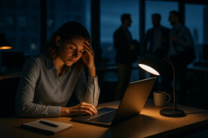 Eine Frau sitzt erschöpft an einem Schreibtisch im Büro, umgeben von Dunkelheit, während Kollegen bereits im Feierabend sind – symbolisiert den Mental Load bei Frauen im Arbeitsalltag.