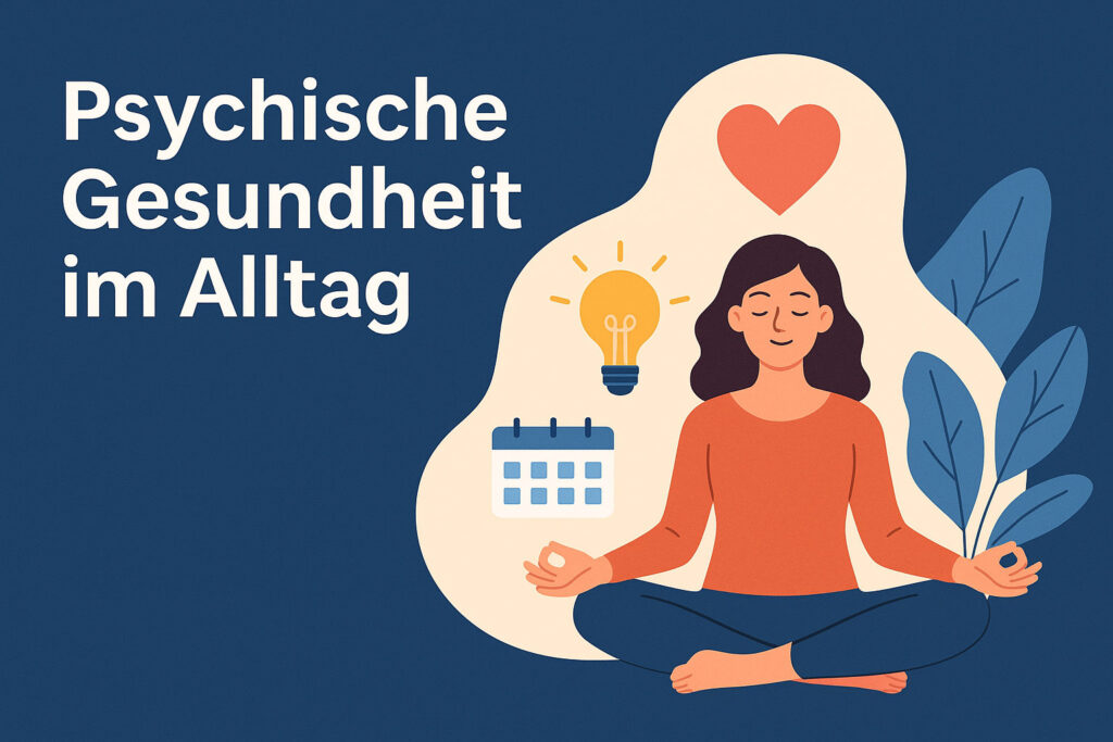Illustration einer entspannten Person in ruhiger Arbeitsumgebung, umgeben von Symbolen für Balance, Selbstfürsorge und psychische Gesundheit.