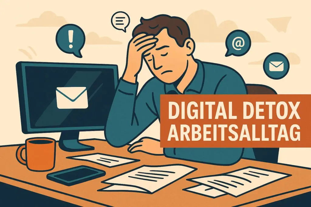 Digital Detox im Arbeitsalltag – Illustration eines Mannes im Büro, der bewusst eine Pause von Laptop und Smartphone nimmt, um Stress abzubauen und Balance zu finden.