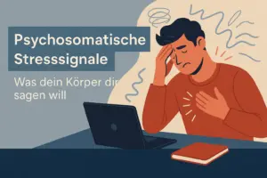 Psychosomatische Stresssignale erkennen: Illustration zeigt körperliche und emotionale Symptome von Stress im Beruf.